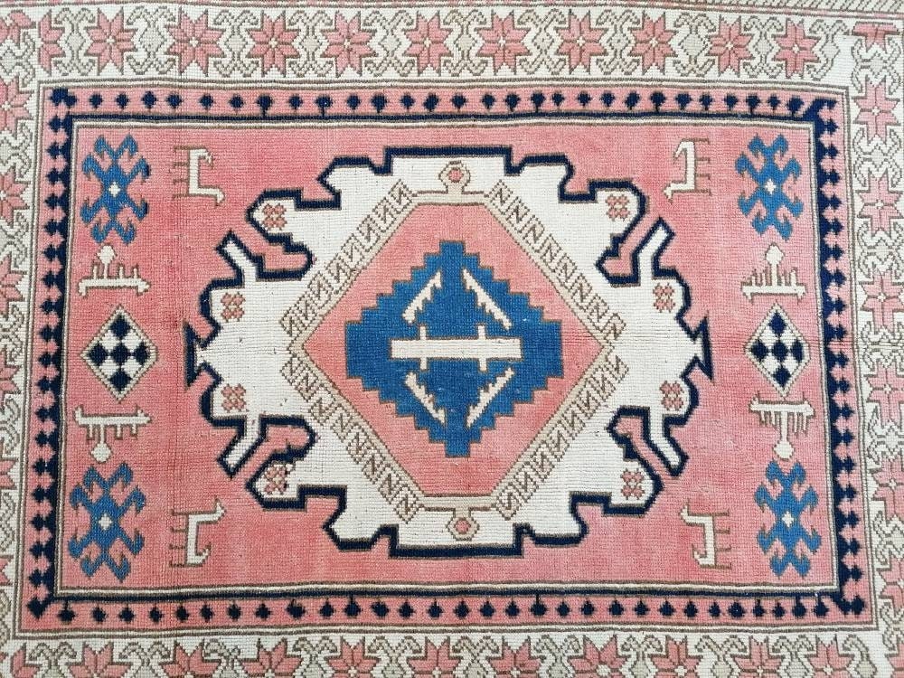 Vintage blue rug, oushak pink rug 4'9x6 handmade wool rug, living room rug