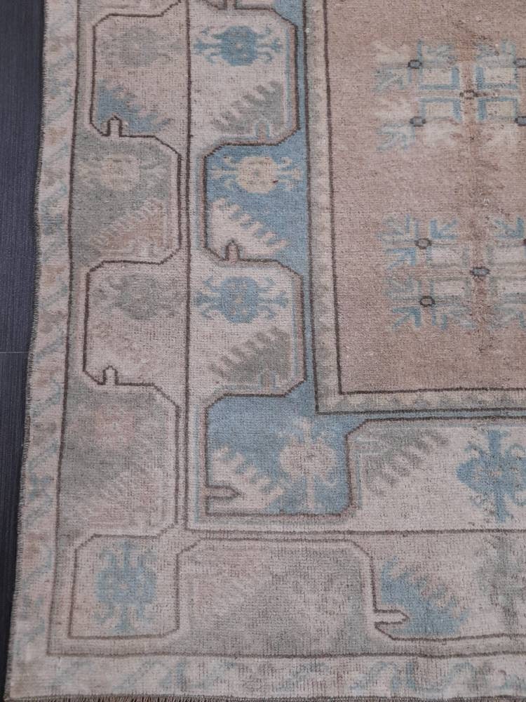 Muted Vintage Turkish Rug 3.5 x 6 Oushak Rug, Wool Oriental Rug, Blue Muted Vintage Persian Rug, Hand Made Rug Blue Vintage Wool Rug
