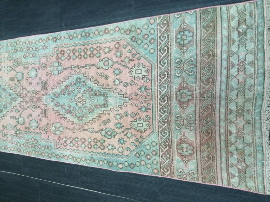 Muted OUSHAK RUG 2.6 x 11 TURKISH Vintage Runner Oriental Runner Rug Faded Vintage Runner Rug Hand Made Kitchen Runner Vintage HallwayRunner