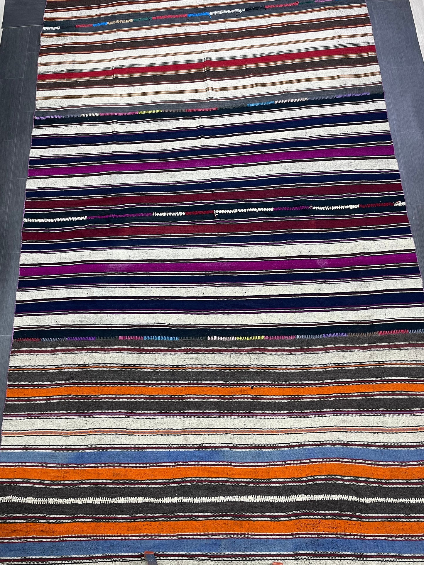7.5 x 15.4 Vintage Flat woven Rug, Turkish Rug Handmade Flatweave Carpet , Stripped Flatweaving, Rustic Rug, Farmhouse Rug, Oushak Rug