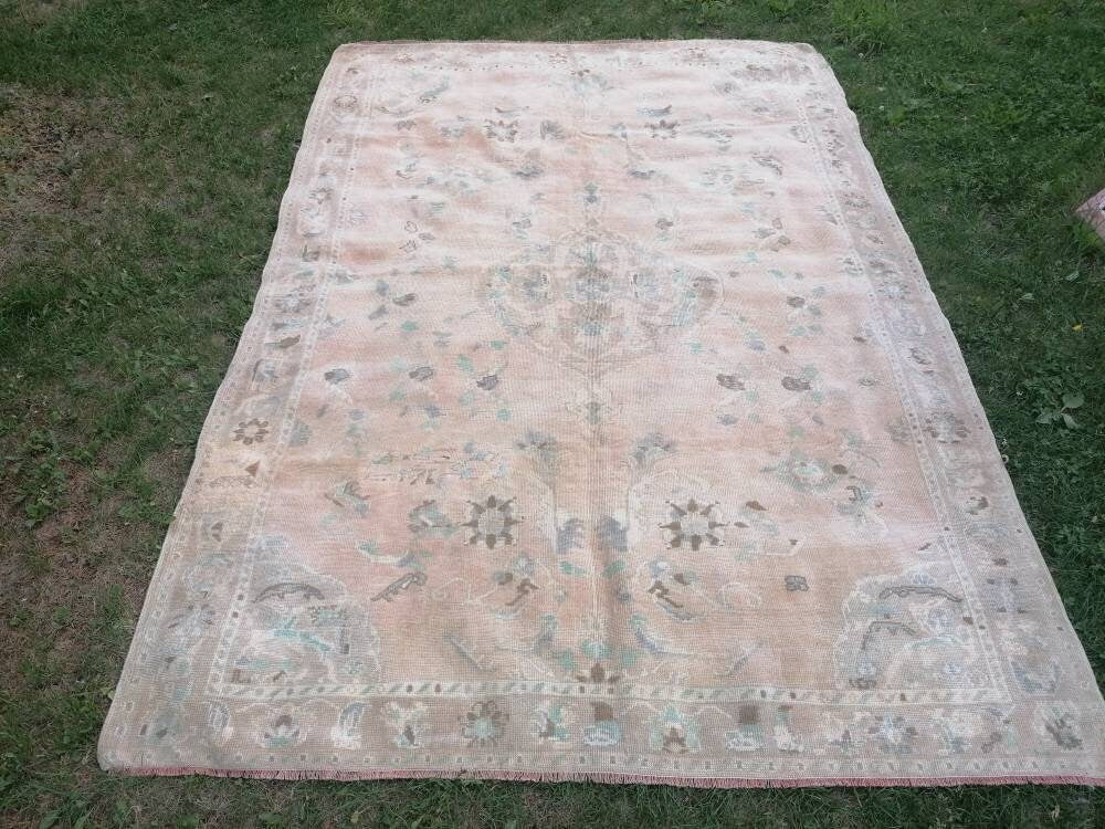 Faded turkish oushak rug 6'7x9'6 large vintage oushak rug, unique hand made rug, bohemian rug