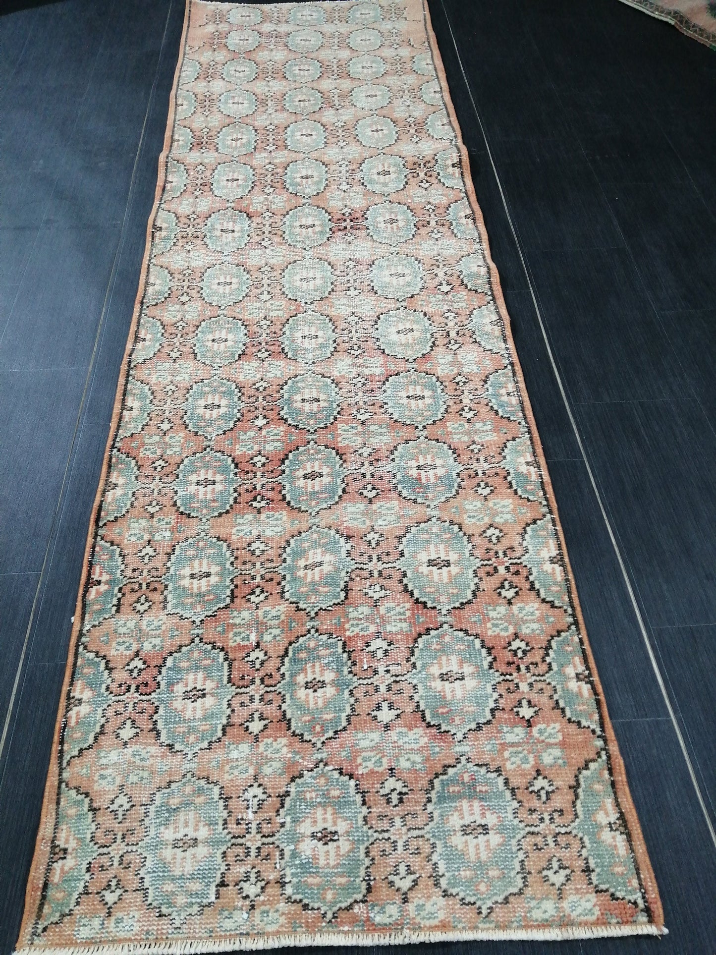 Muted Oushak Runner Rug 2.7 x 9.4 Distressed Runner Rug Vintage Runner Rug Hallway Runner Rug Kitchen Runner Rug Wool Runner