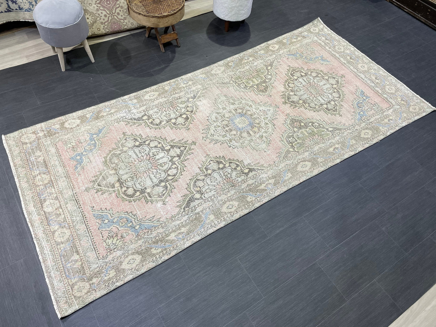 Muted Vintage Runner Rug, Hallway Runner 4.5 x 10 Rug, Kitchen Runner Rug, Muted Wool Runner Rug Muted Distressed Turkish Runner