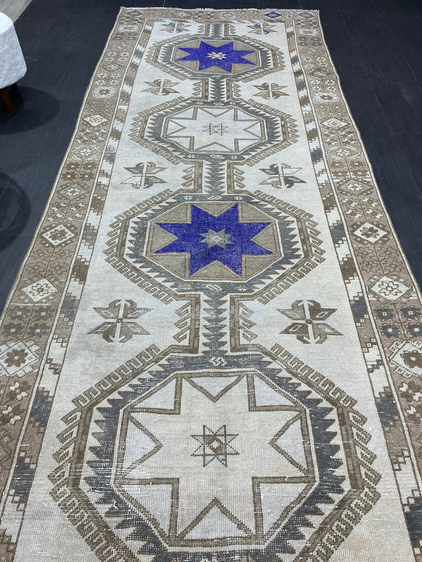 Muted Hand Knotted Runner 4.4 x 12 Rug, Vintage Runner Rug, Hallway Runner Rug, Antique Runner Rug Wool Runner Rug Handmade Runner Rug