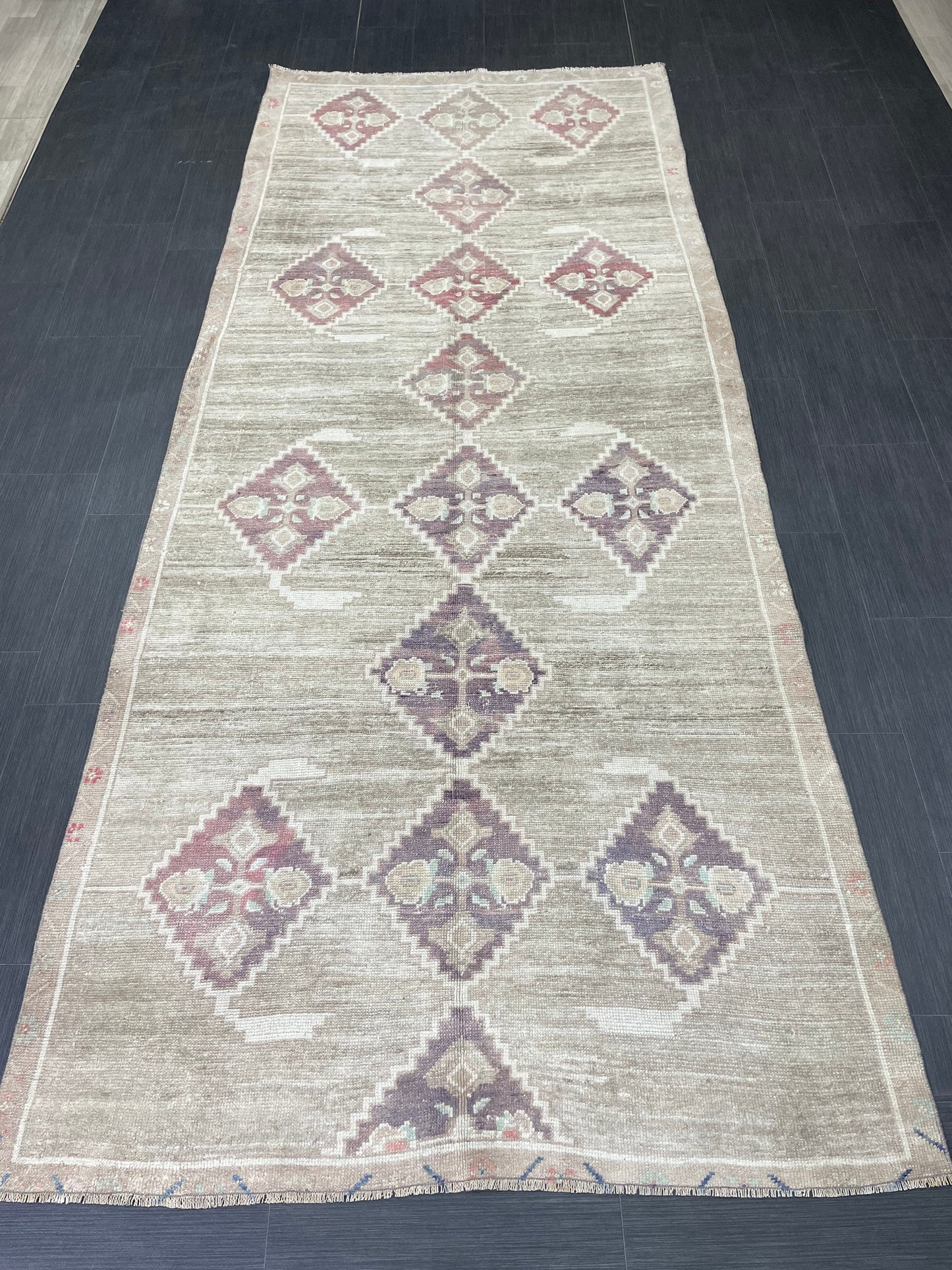 Hand Knotted Vintage Rug Muted Vintage 4.4 x 10.8 ft Rug Wool Oriental Rug Handmade Rug Vintage Oushak Turkish Rug Muted Persian Wool Rug