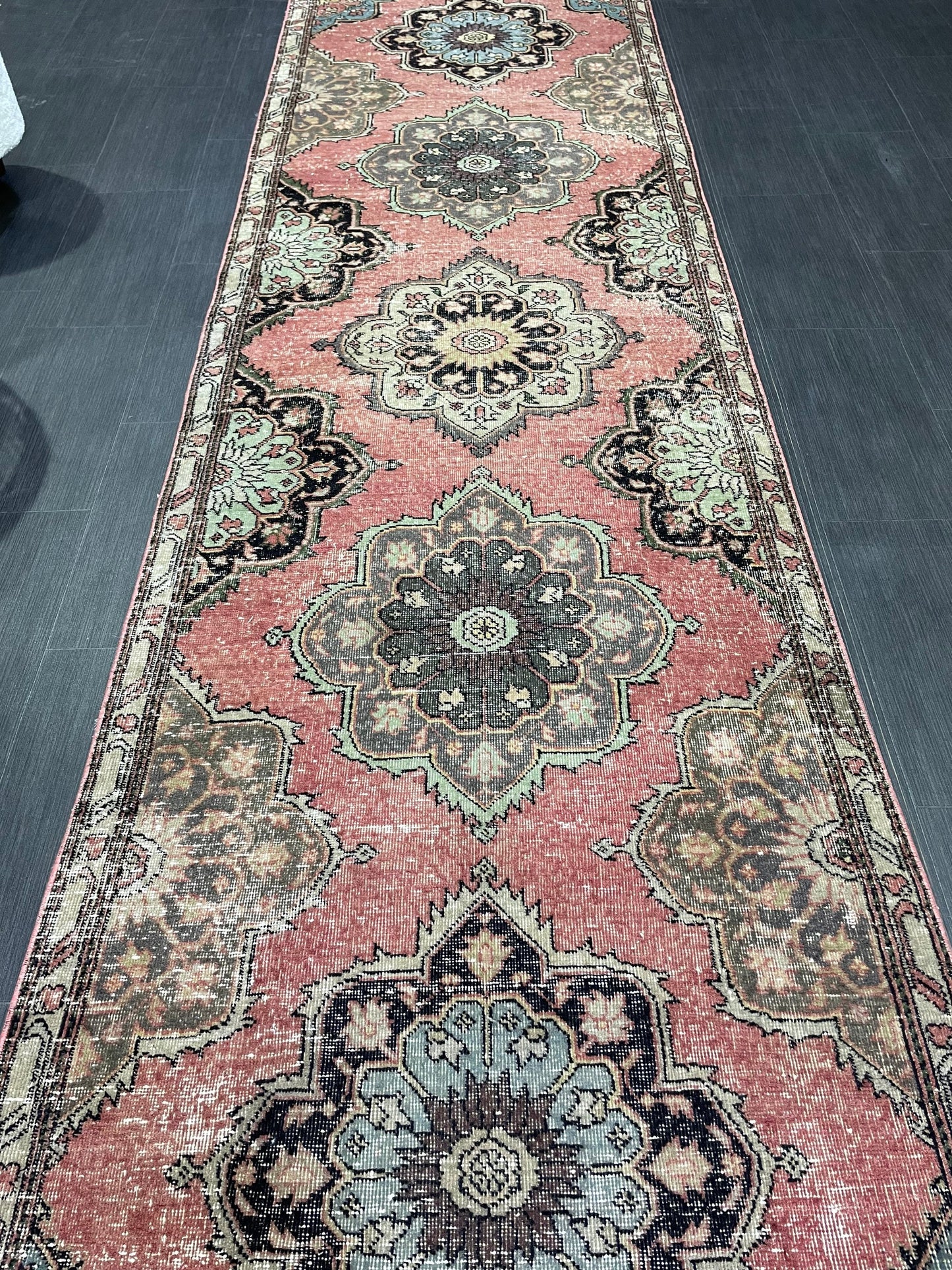 Hand Knotted Runner Rug, Vintage 3.4 x 12.7 Runner Rug, Oushak Runner Rug, Turkish Runner Rug Kitchen Runner Rug Wool Runner