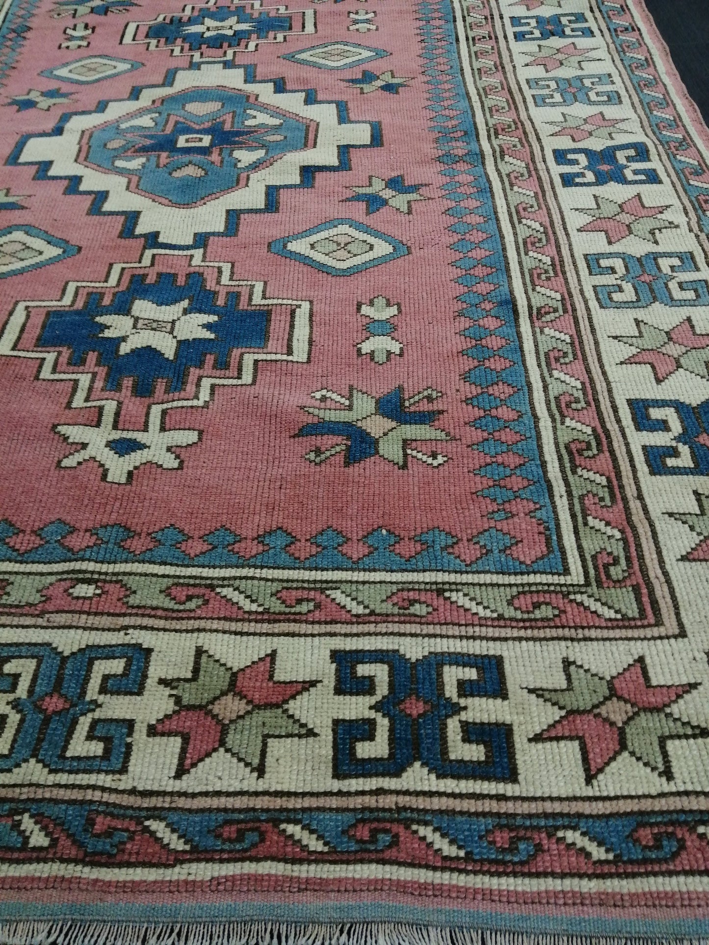 Pink and Blue 7.2 x 5.5 Vintage Oushak Rug Vintage Rug Livingroom Rug Wool Hand Made Rugs Vintage Turkish Rug