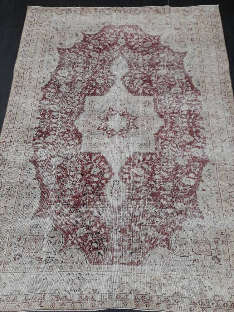 Vintage Turkish Rug 6.6 x 9 Oushak Rug Persian Rug Oriental Red Rug Muted Vintage Floral Rug Elegant Wool Rug Distressed HAND Knotted Rug