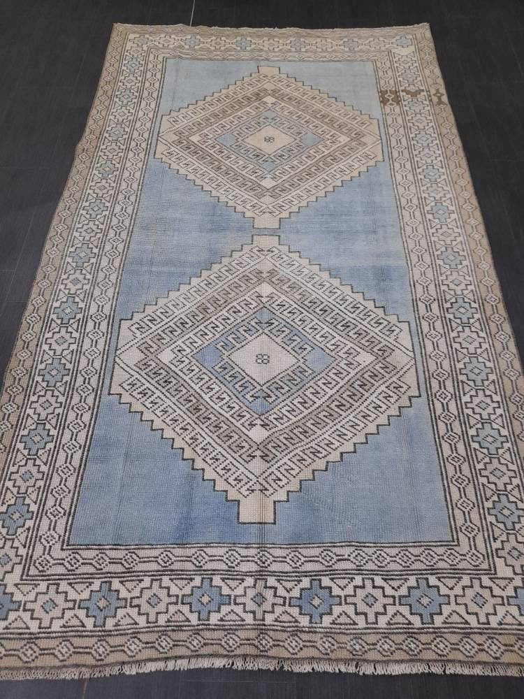 Quality Handmade Rug 4.8 x 8.4 Vintage Rug Oushak Rug Wool Boho Rug, Persian Rug Fun Turkish Rug LIGHT Blue Rug Ice Blue Oriental Wool rug