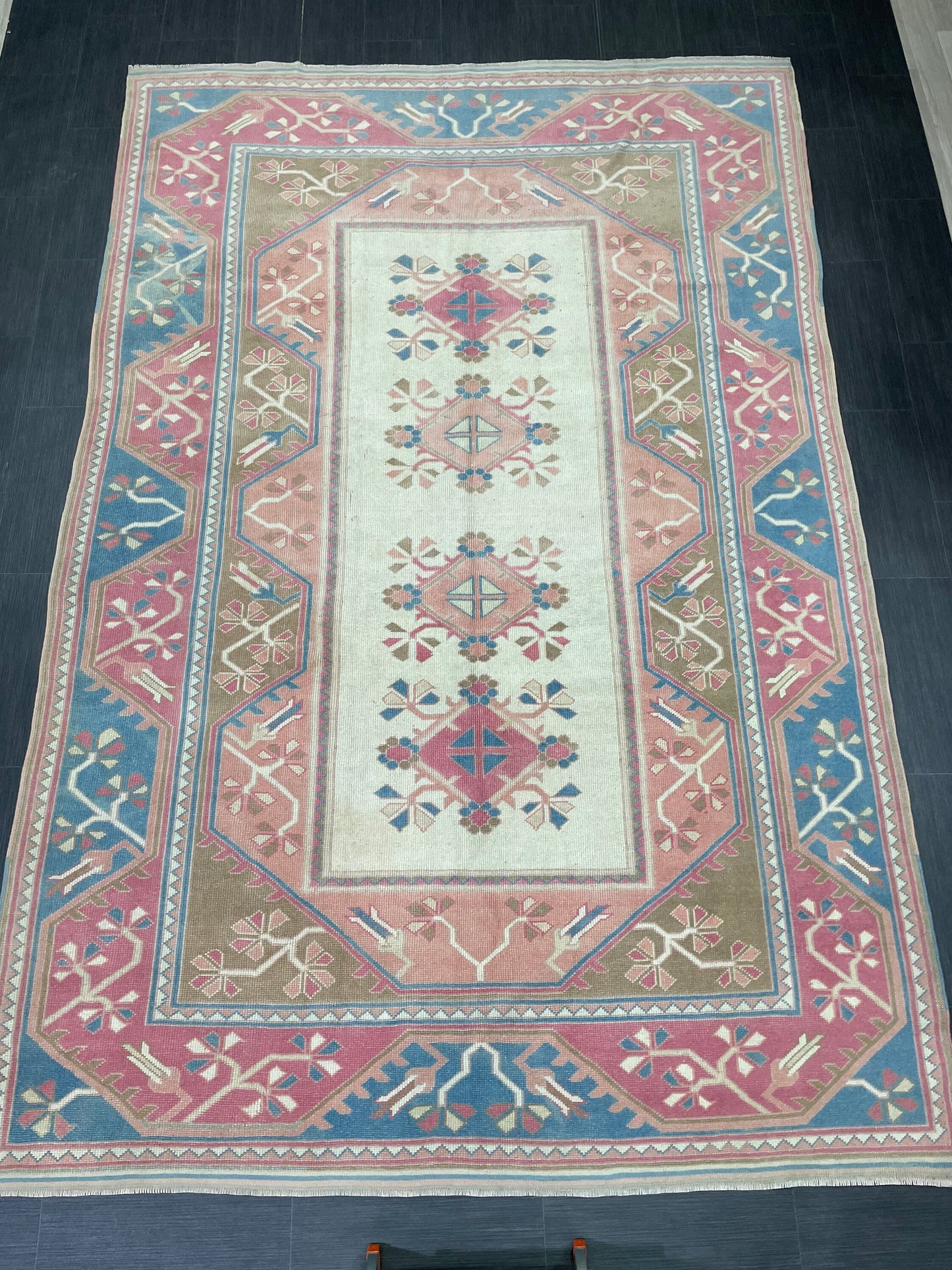 Hand Knotted Oushak Rug 6.8 x 10.3 Vintage Rug Handmade Turkish Rug Persian Rug Vintage Rug, Wool Blue and Pink Rug Large Rug