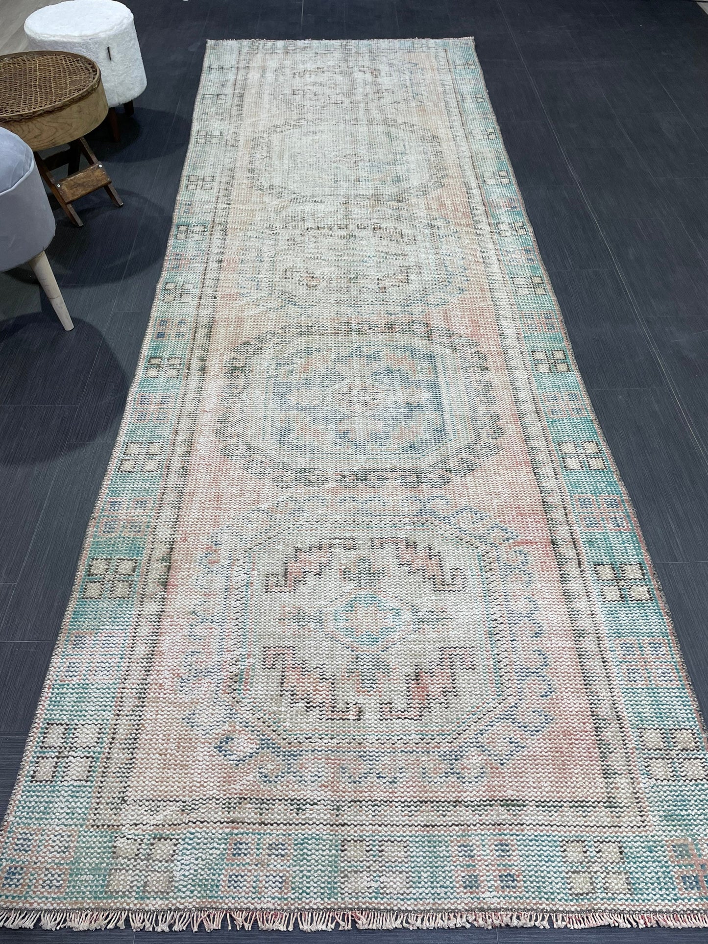 Antique Oushak Runner Rug, Muted Vintage 3.10 x 11.3 Runner Rug, Hallway Runner Rug, Distressed Runner Rug, Wool Runner Rug, Handmade Runner