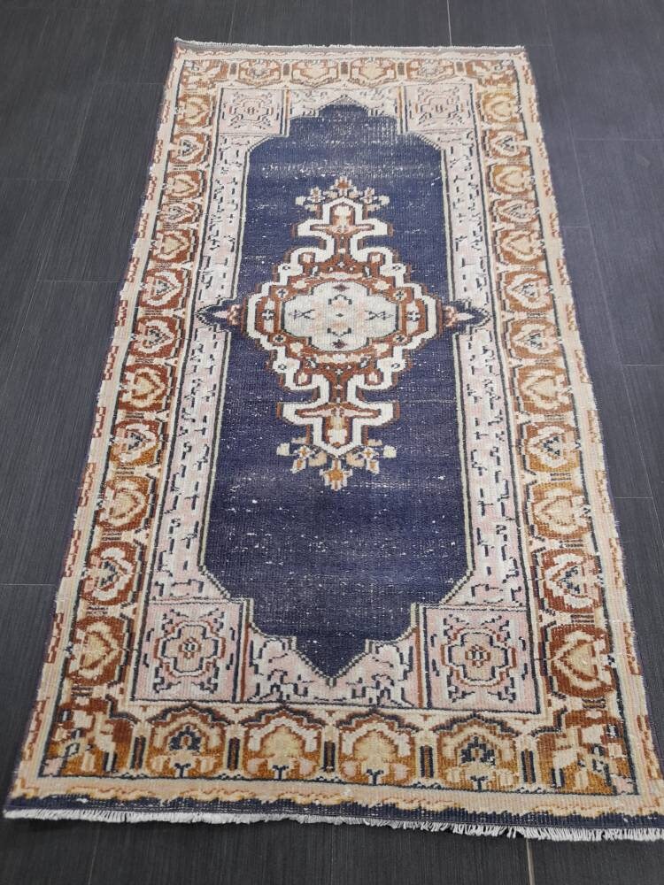 Blue Vintage Rug 2.3 x 4.4 Rug Oushak Rug, Wool Oriental Rug Hand Made Rug Persian Rug, Vintage Turkish Rug Hand Knotted Wool Rug