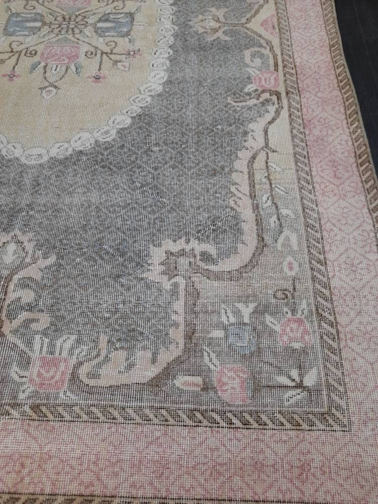 Floral Vintage OUSHAK RUG Antique TURKISH Rug Vintage Distressed Oriental Rug 6.6 x 10.4 Wool Rug Hand Made Vintage Rug 7x10 Turkish Rug