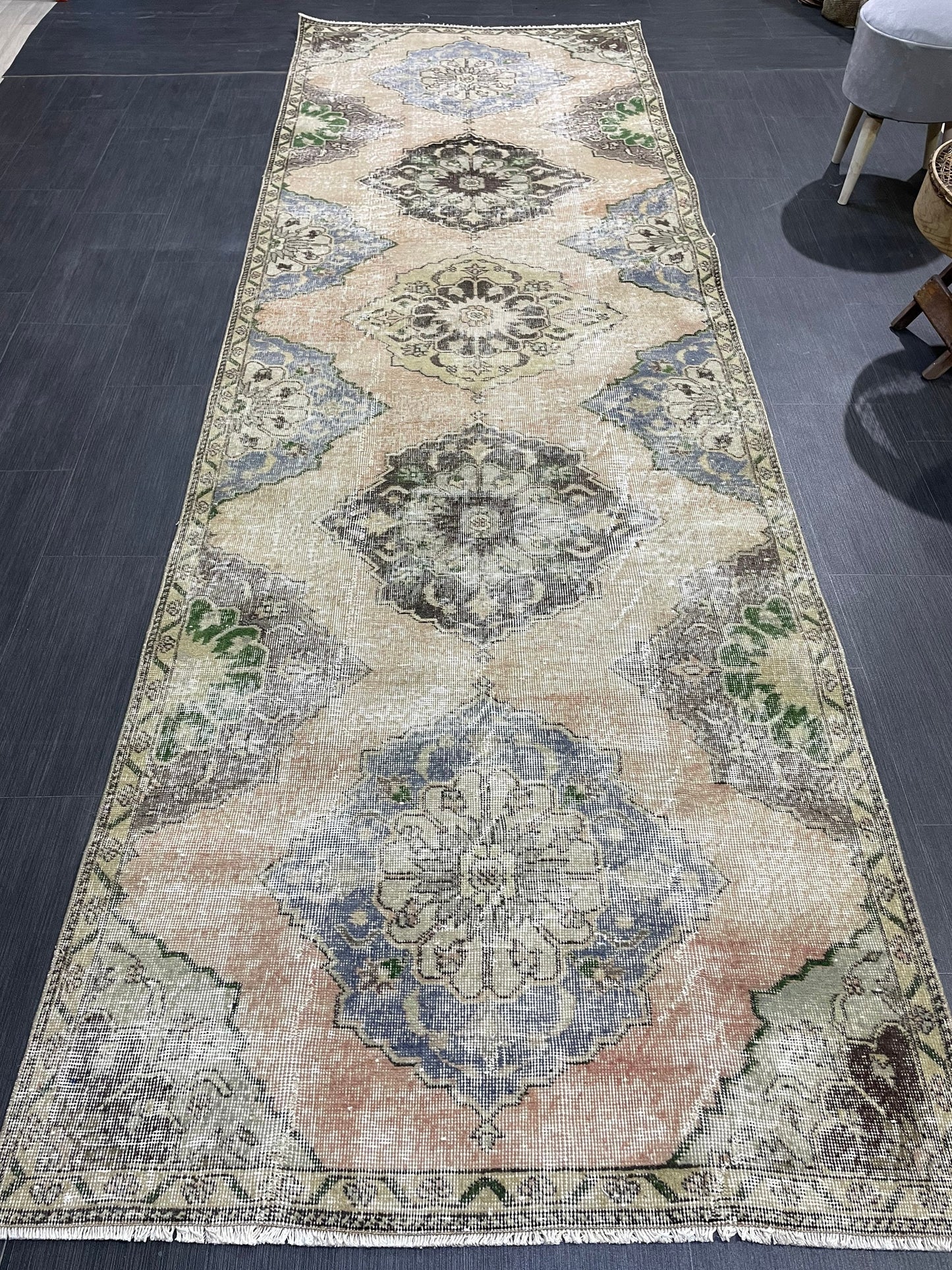 Muted Oushak Runner 3.8 x 11.7 Rug, Vintage Runner Rug, Hallway Runner Rug, Antique Runner Rug Wool Runner Rug Distressed Runner Rug