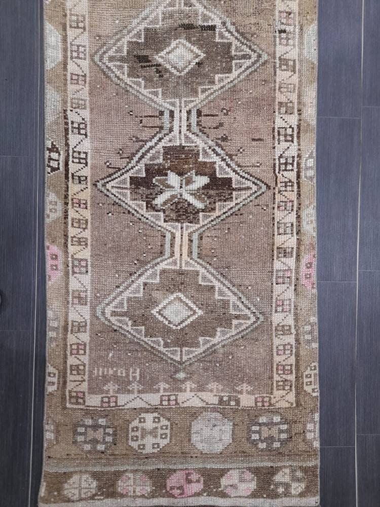 Neutral Vintage Runner Rug 2.6 x 13.4 Muted Turkish Runner Rug Oriental Runner Rug Hallway Runner Rug Kitchen Runner Rug XL Persian Runner