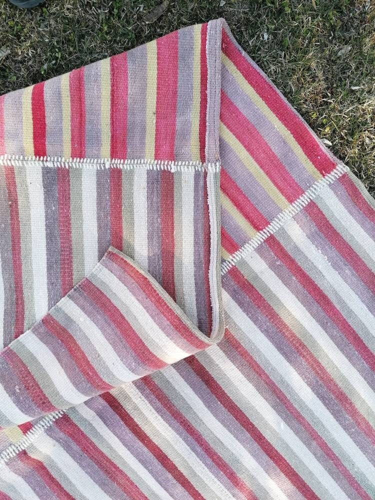 9.5x9.9 Flatwoven kilim rug stripe turkish handmade rug, Flatwoven vintage oushak rug, wool rug