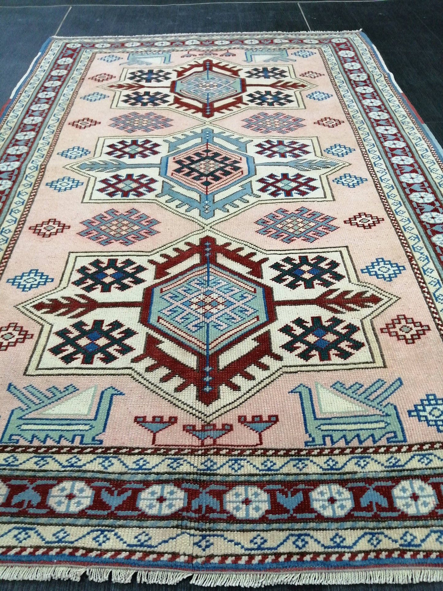 Muted Pink and Blue Wool RUG 5.8 x 3.9 Vintage Oushak Rug Vintage Rug Wool Oushak Rug Hand Made Rugs Vintage Turkish Rug