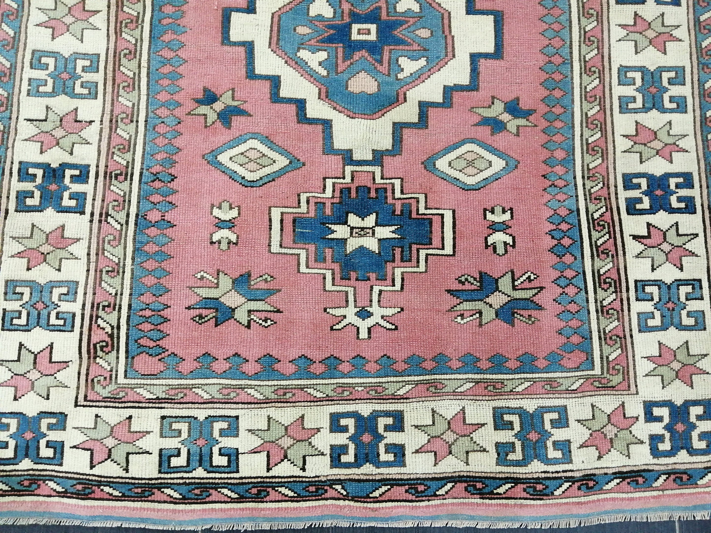 Pink and Blue 7.2 x 5.5 Vintage Oushak Rug Vintage Rug Livingroom Rug Wool Hand Made Rugs Vintage Turkish Rug