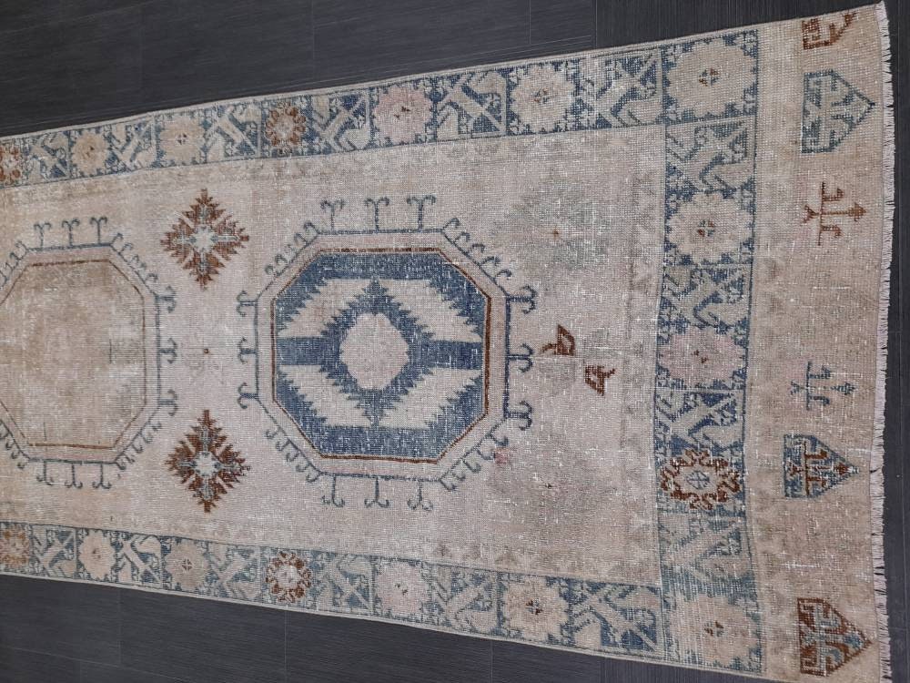 Muted Turkish Runner Rug 3.8 x 13 Oushak Runner Rug Vintage Runner Rug Hallway Runner Kitchen Runner Rug Wool Runner Rug Oriental Runner