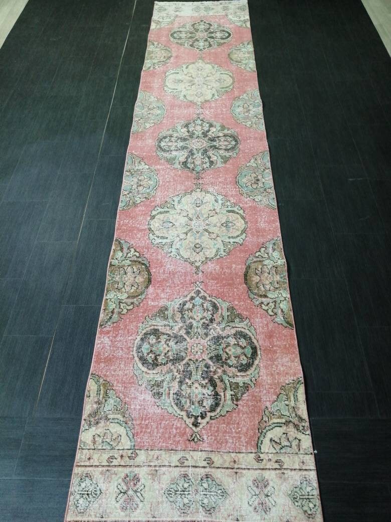 Muted Vintage Runner Rug 2.6 x 12.7 Hallway Runner Rug Kitchen Runner Rug Wool Runner Rug Oushak Runner Rug Turkish Floral Runner Rug
