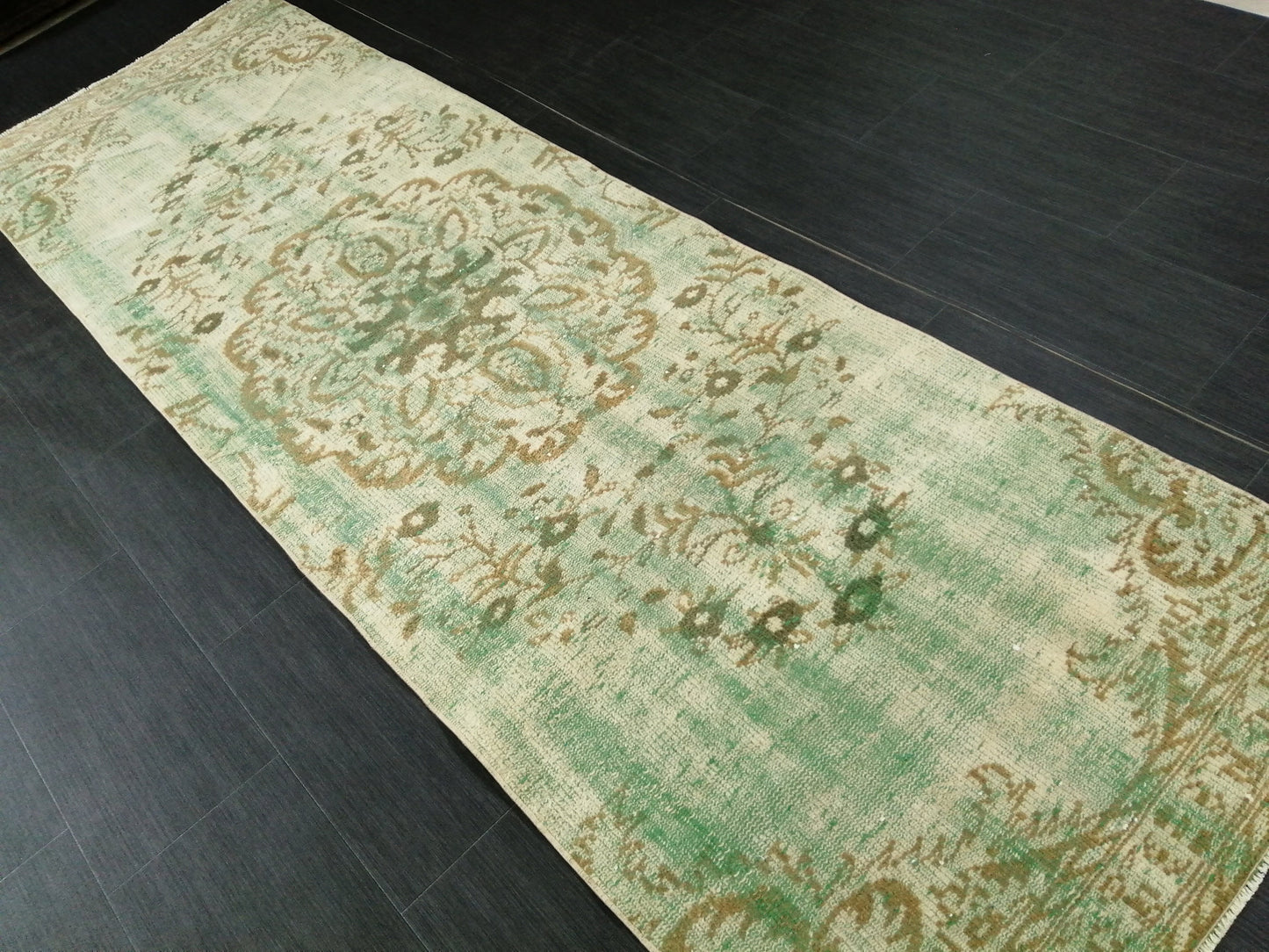 Green Oushak Runner Rug 2.9 x 9.2 Distressed Turkish Rug Runner Vintage Runner Rug Hallway Runner Rug Kitchen Runner