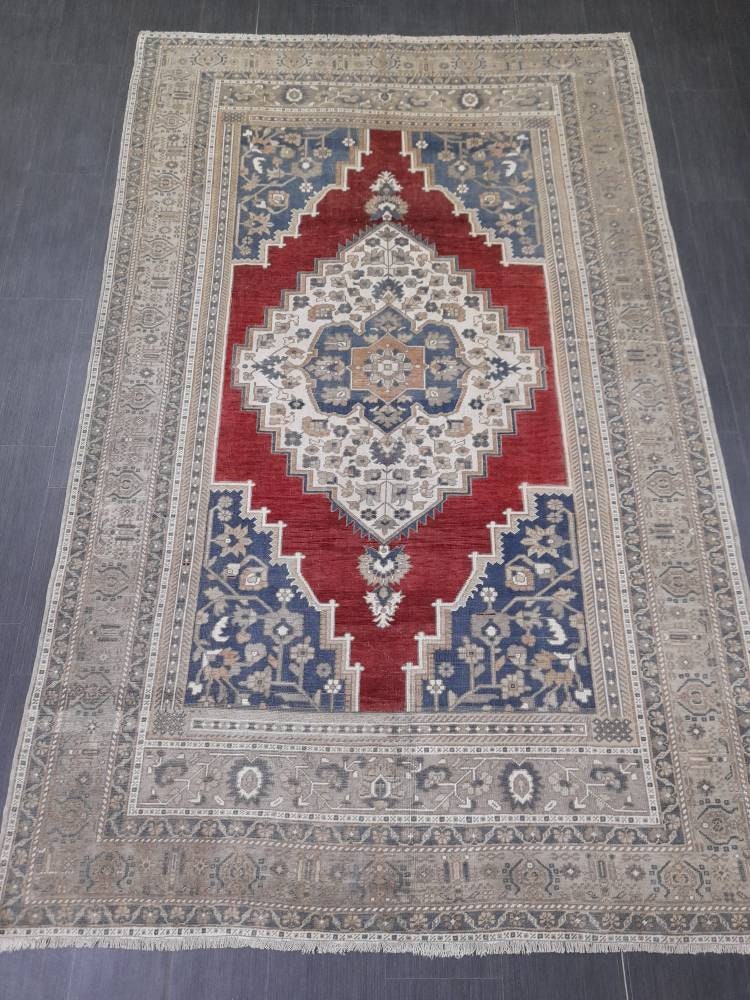 Vintage Oriental RUG 6 x 9.5 Oushak Rug Turkish Vintage Persian Rug Navy Vintage Rug Fine Wool Oushak Rugs Turkish Rug Muted Living room Rug