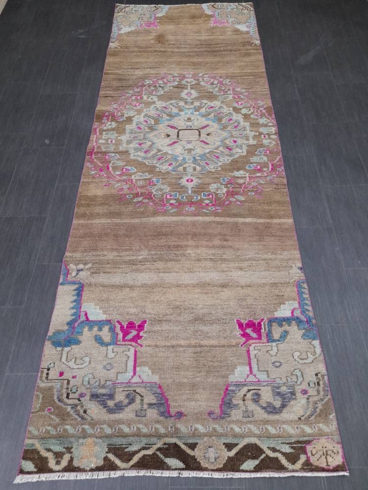Vintage Runner Rug 3.6 x 10.5 Turkish Runner Rug Varigated Brown Vintage Runner Rug Hallway Runner Rug Kitchen Runner Rug Wool Runner