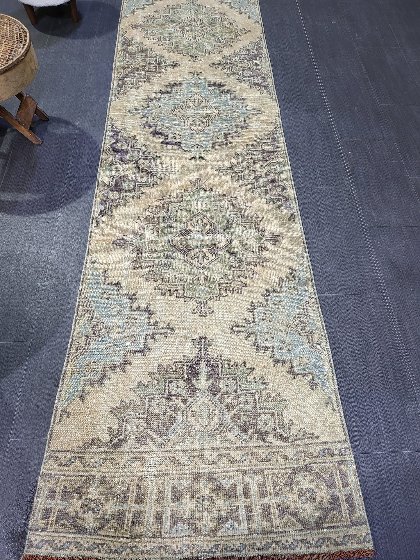 Antique Oushak Runner Rug,Turkish Runner Rug, Vintage Runner 2.8 x 11.2 Rug, Hallway Runner Rug, Grey Blue Oriental Runner Rug