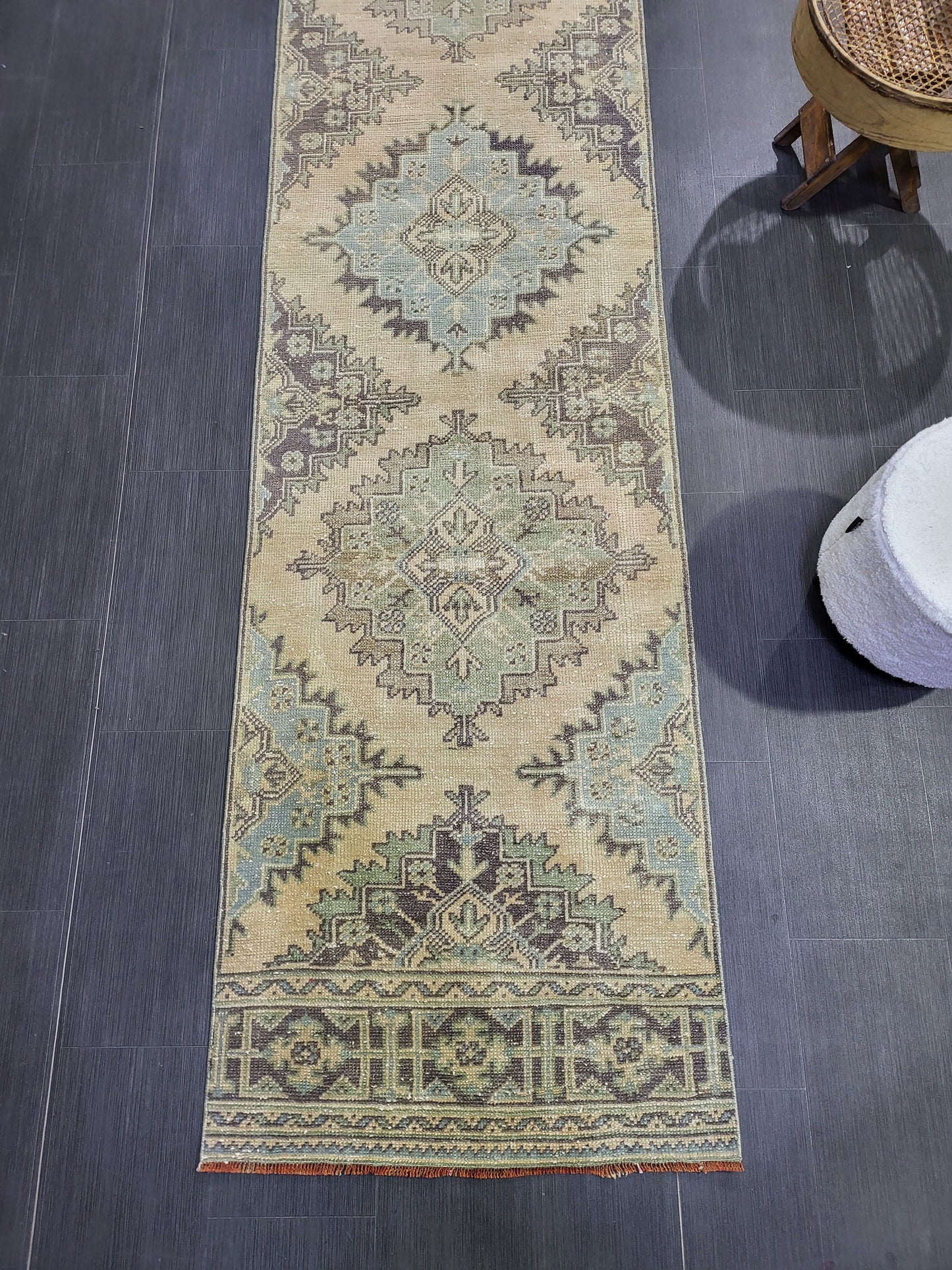 Antique Oushak Runner Rug,Turkish Runner Rug, Vintage Runner 2.8 x 11.2 Rug, Hallway Runner Rug, Grey Blue Oriental Runner Rug