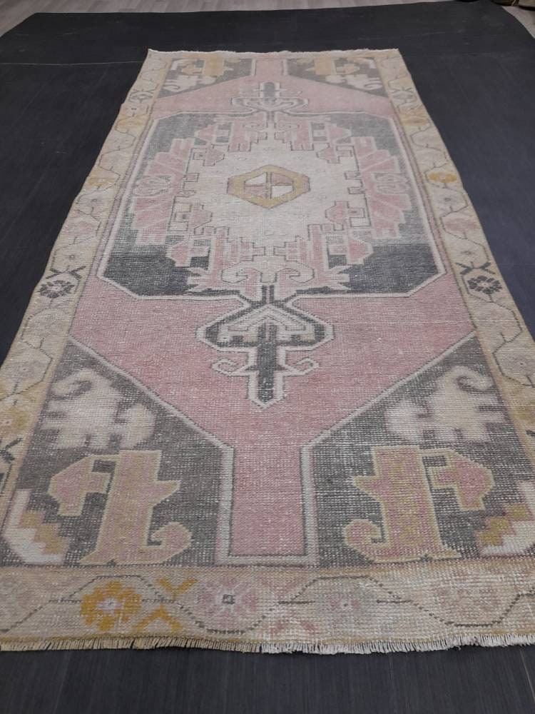 Hand Made Rug, Oushak Rug, Rustic Rug 4.2 x 9.2 Vintage Rug Pink Turkish Rug, Farmhouse Rug, Vintage Oriental Rug, Wool Hand Knotted rug