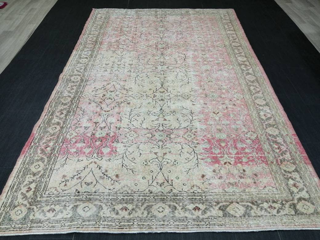 Pink Vintage RUG 9 x 5.7 TURKISH Rug Vintage Oushak Rug Vintage Rug Wool Oushak Rug Hand Made Rugs Vintage Turkish Rug 6x9 rug