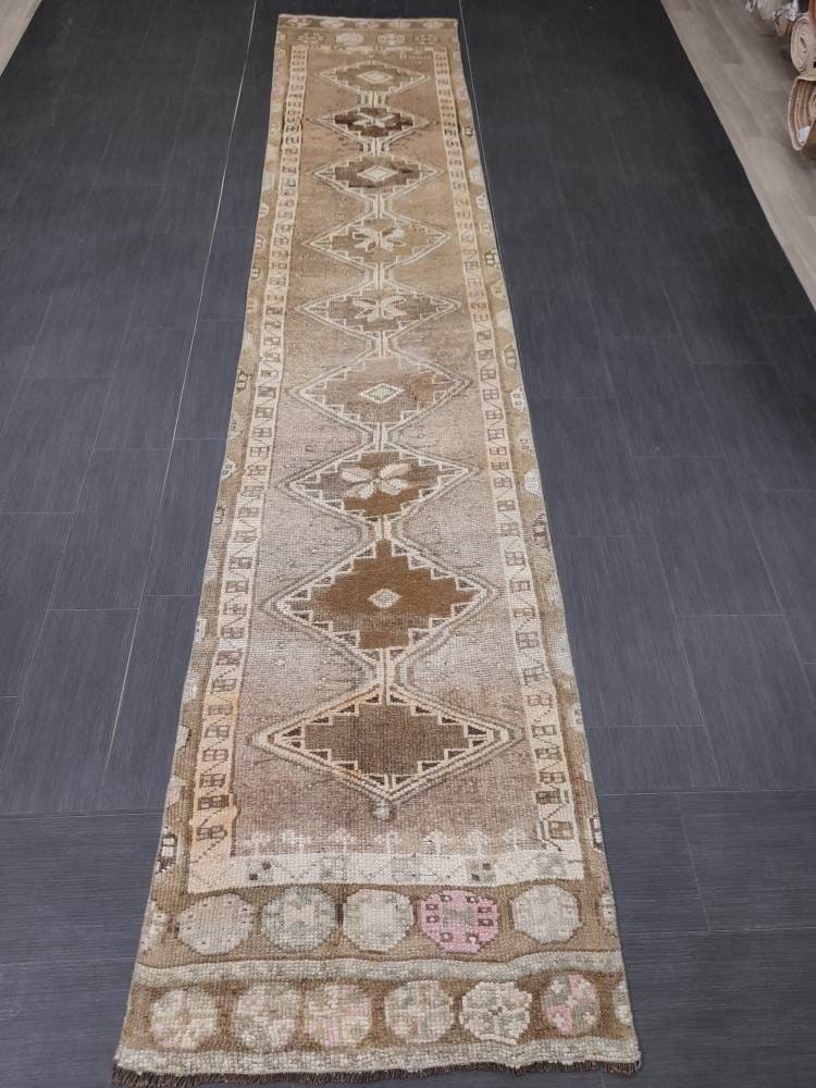 Neutral Vintage Runner Rug 2.6 x 13.4 Muted Turkish Runner Rug Oriental Runner Rug Hallway Runner Rug Kitchen Runner Rug XL Persian Runner