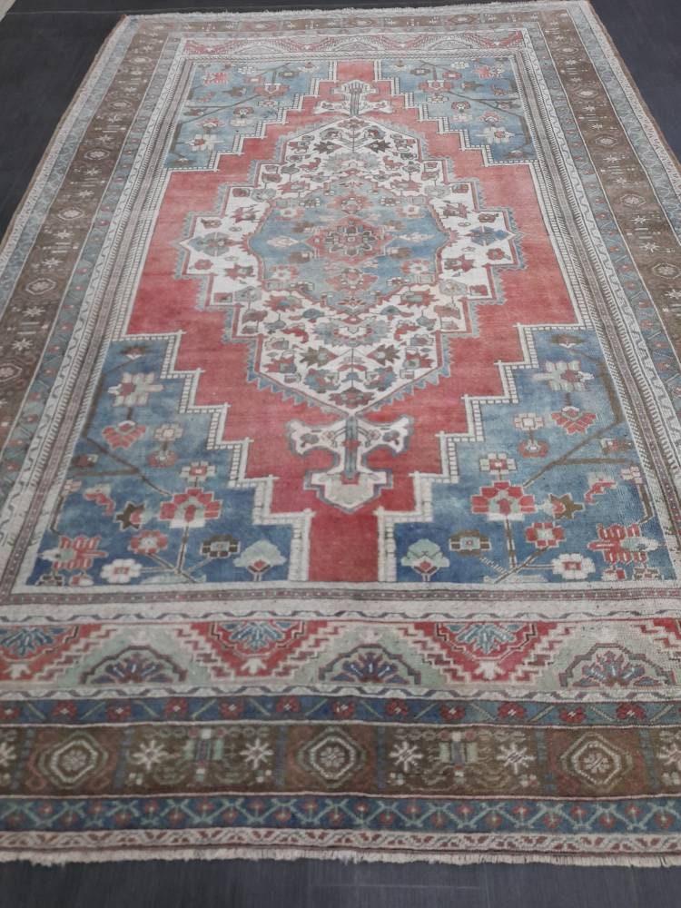 Oushak Rug 6.5 x 10 Blue And Red Persian Rug Vintage Rug Soft Wool Rug Antique Turkish Rug Muted Quality Turkish Rug