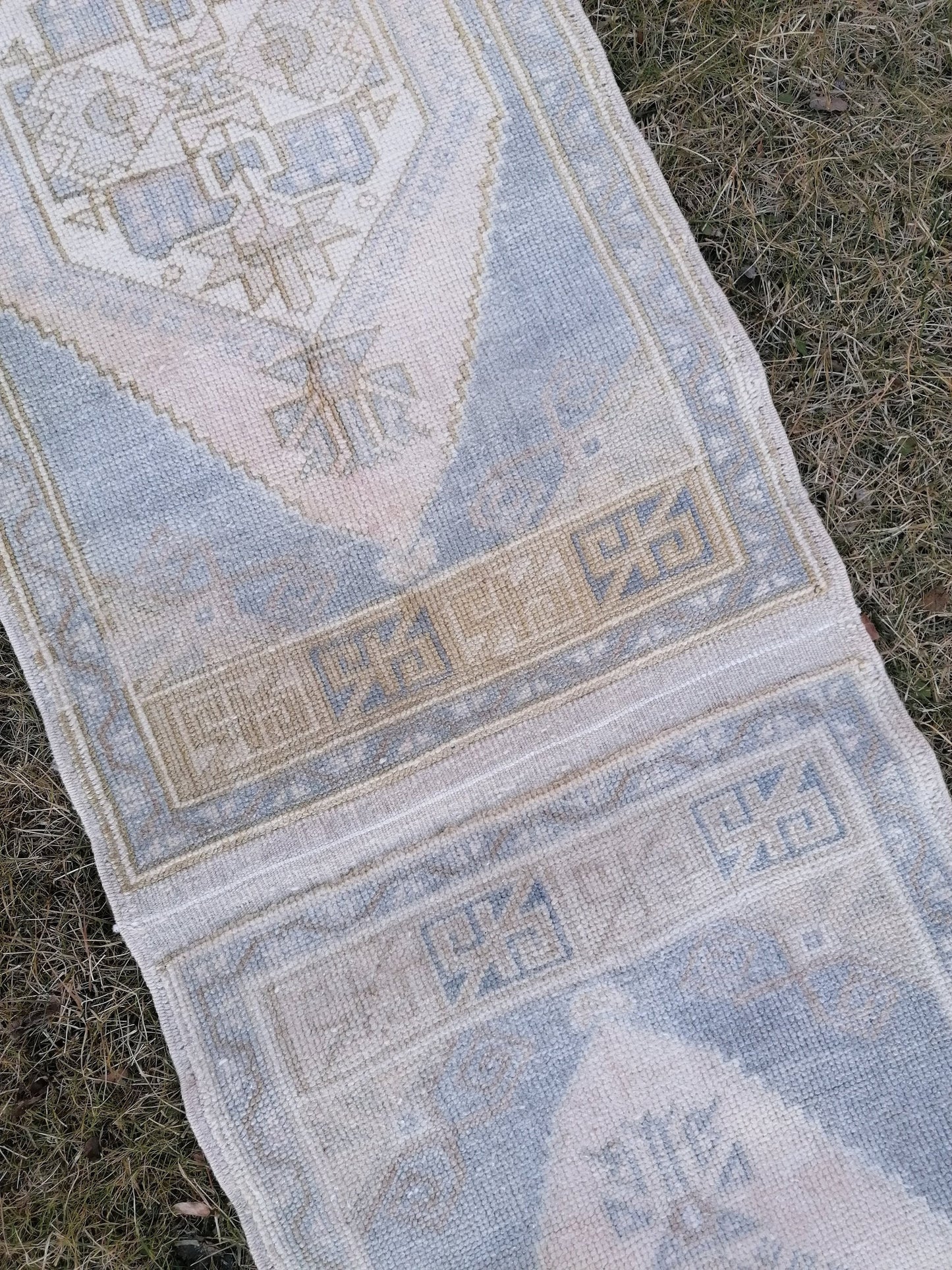 1'9x10'5 muted blue runner rug, faded vintage turkish runner, hallway runner rug, kicthen runner rug, oushak runner rug