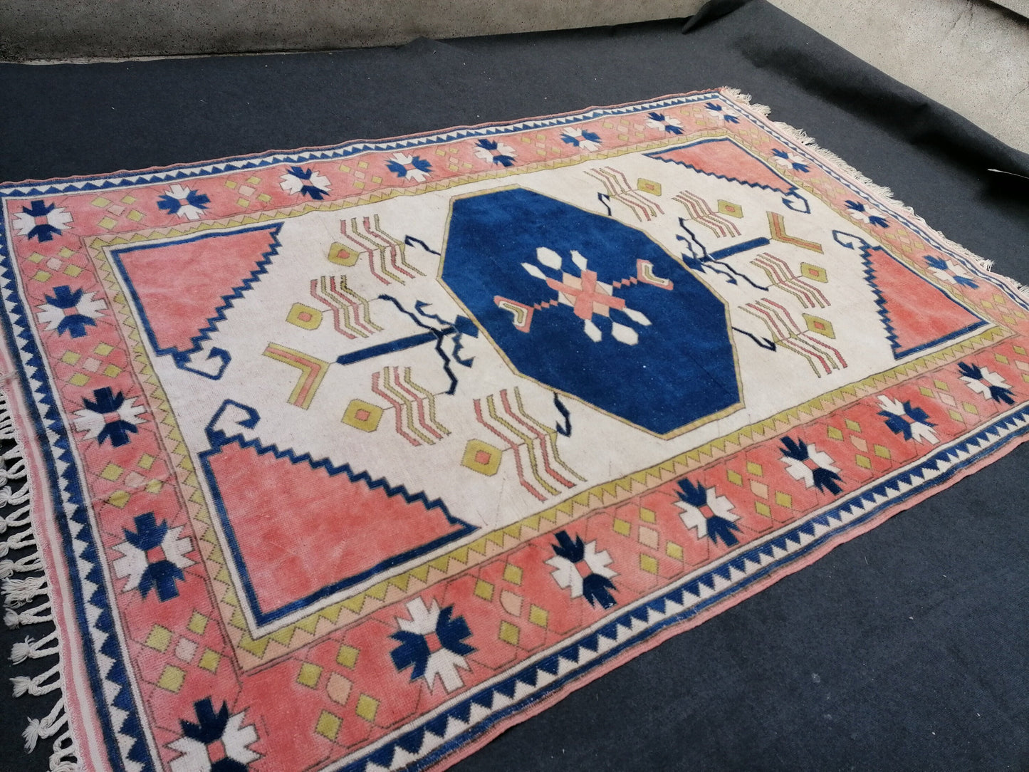 7'2x11 oushak wool rug, large turkish blue rug, vintage hand made rug, living room rug kitchen rug, vintage bohemian rug