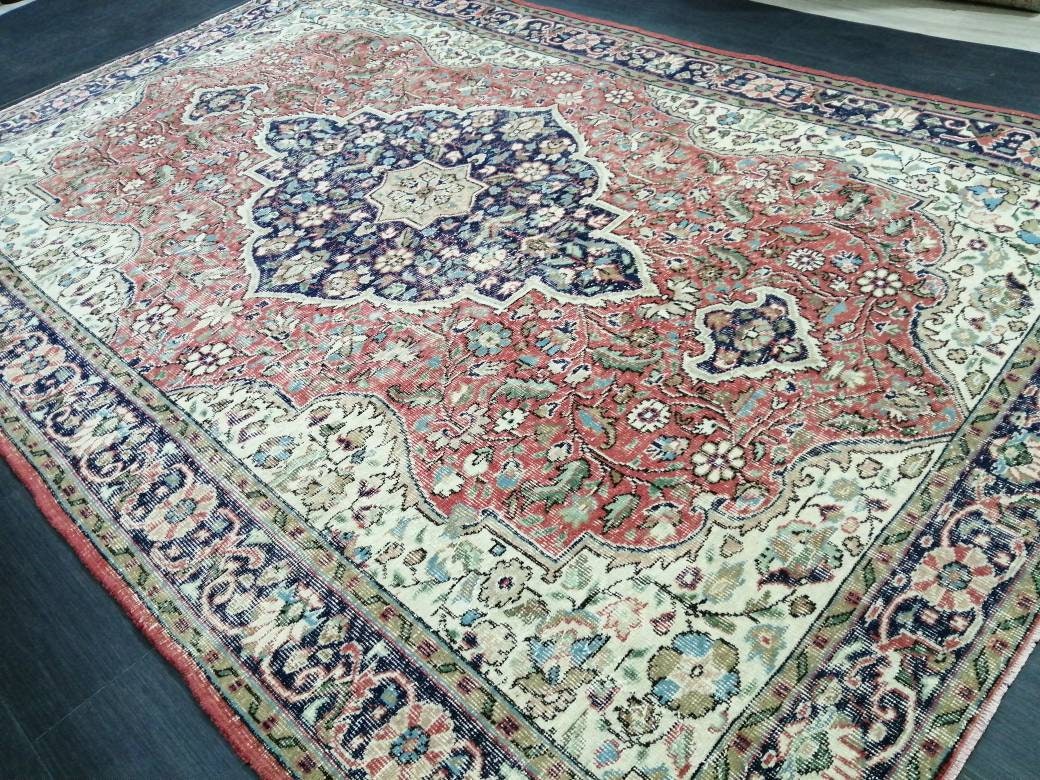 Vintage Persian Rug 6.9 x 10. 3 Muted Oushak Rug Muted Vintage Rug Wool Oushak Rug Hand Made Rugs Vintage 7x10 Turkish Rug
