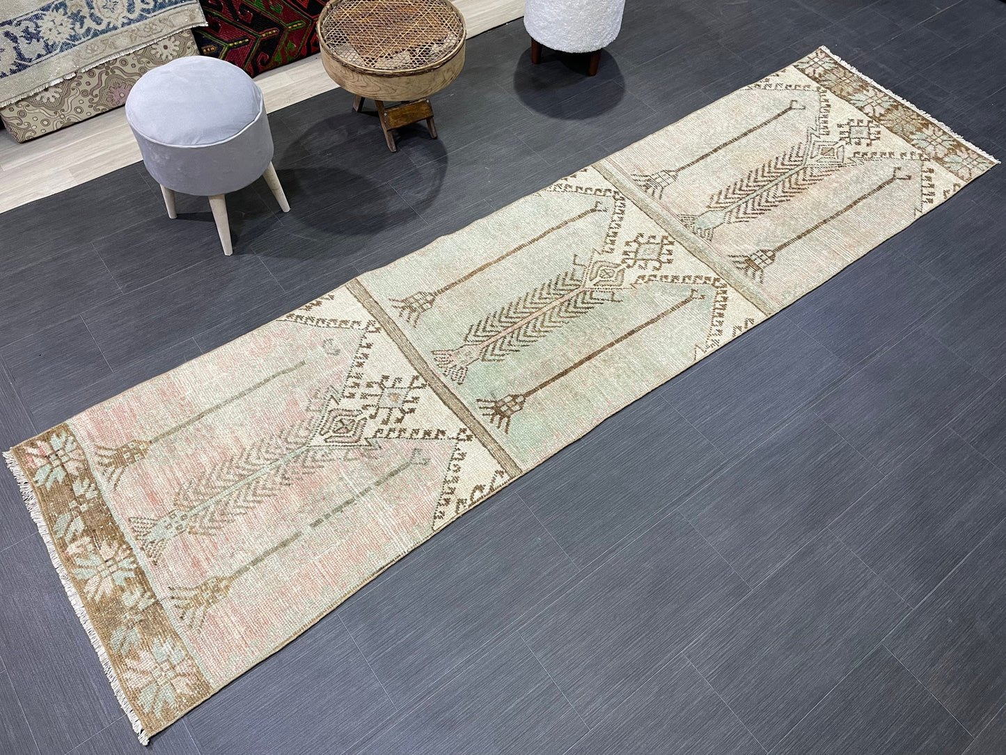 Muted Vintage Runner Rug, 2.8 x 10.2 Muted Oushak Runner Rug, Turkish Runner Rug, Short Muted Runner Rug ,Hallway Runner Soft Wool Runner