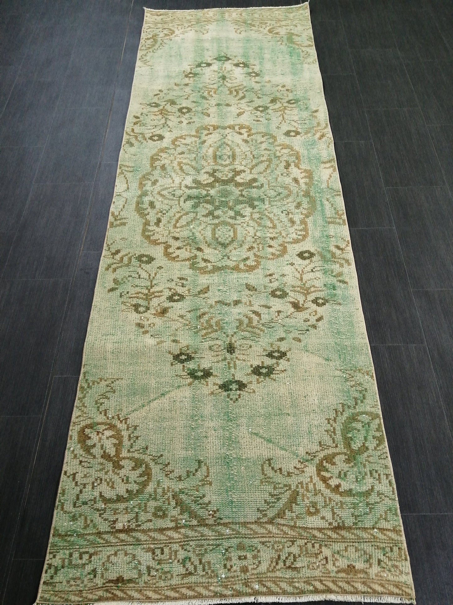 Green Oushak Runner Rug 2.9 x 9.2 Distressed Turkish Rug Runner Vintage Runner Rug Hallway Runner Rug Kitchen Runner