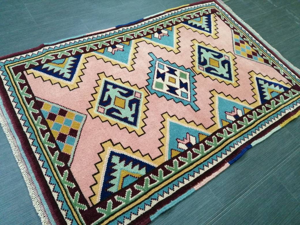 3 x 4.5 PINK AND NAVY Rug Hand Made Rug, High Pile Oushak Rug, Boho Rug, Oriental Rug Plush Turkish Rug, Farmhouse Rug, Vintage Wool rug
