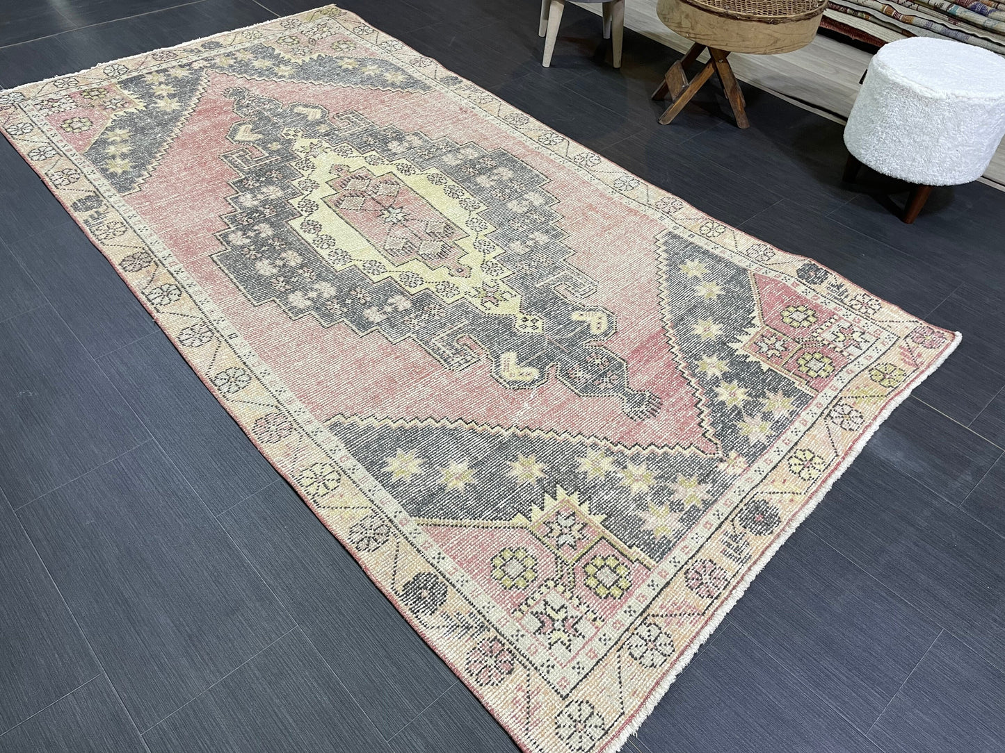 Turkish Muted 4.3 x 8 Rug, Oriental Rug, Large Area Rug, Distressed Vintage Rug, Oushak Rug, Muted Rug Hand Knotted Rug, Handmade Rugs