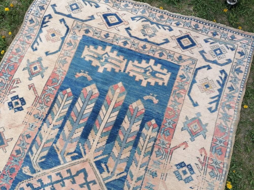 Blue vintage rug, vintage rug, turkish oushak rug 5'5x9'5 hand made wool rug, boho floor rug