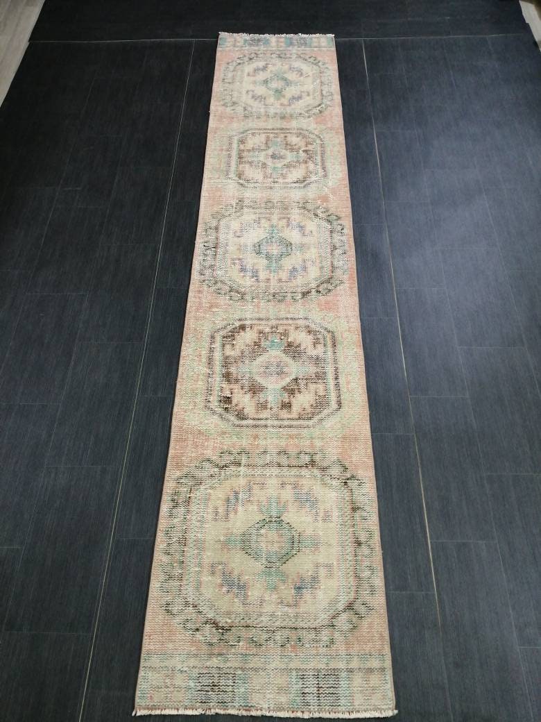 Muted Oushak Runner Rug 2.2 x 11 Vintage Runner Rug Distressed Hallway Runner Rug Turkish Kitchen Runner Rug Antique Wool Runner Rug
