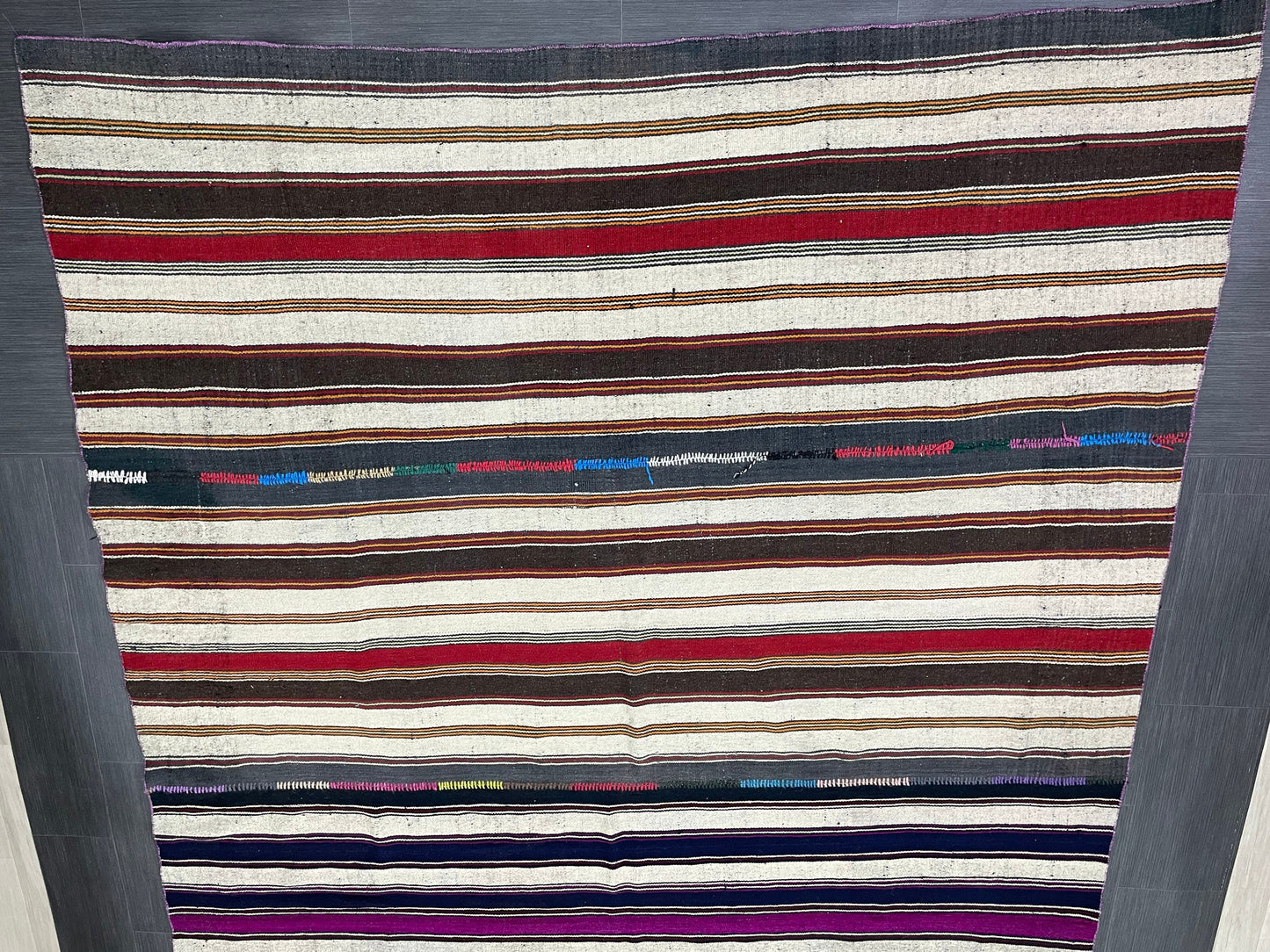 7.5 x 15.4 Vintage Flat woven Rug, Turkish Rug Handmade Flatweave Carpet , Stripped Flatweaving, Rustic Rug, Farmhouse Rug, Oushak Rug