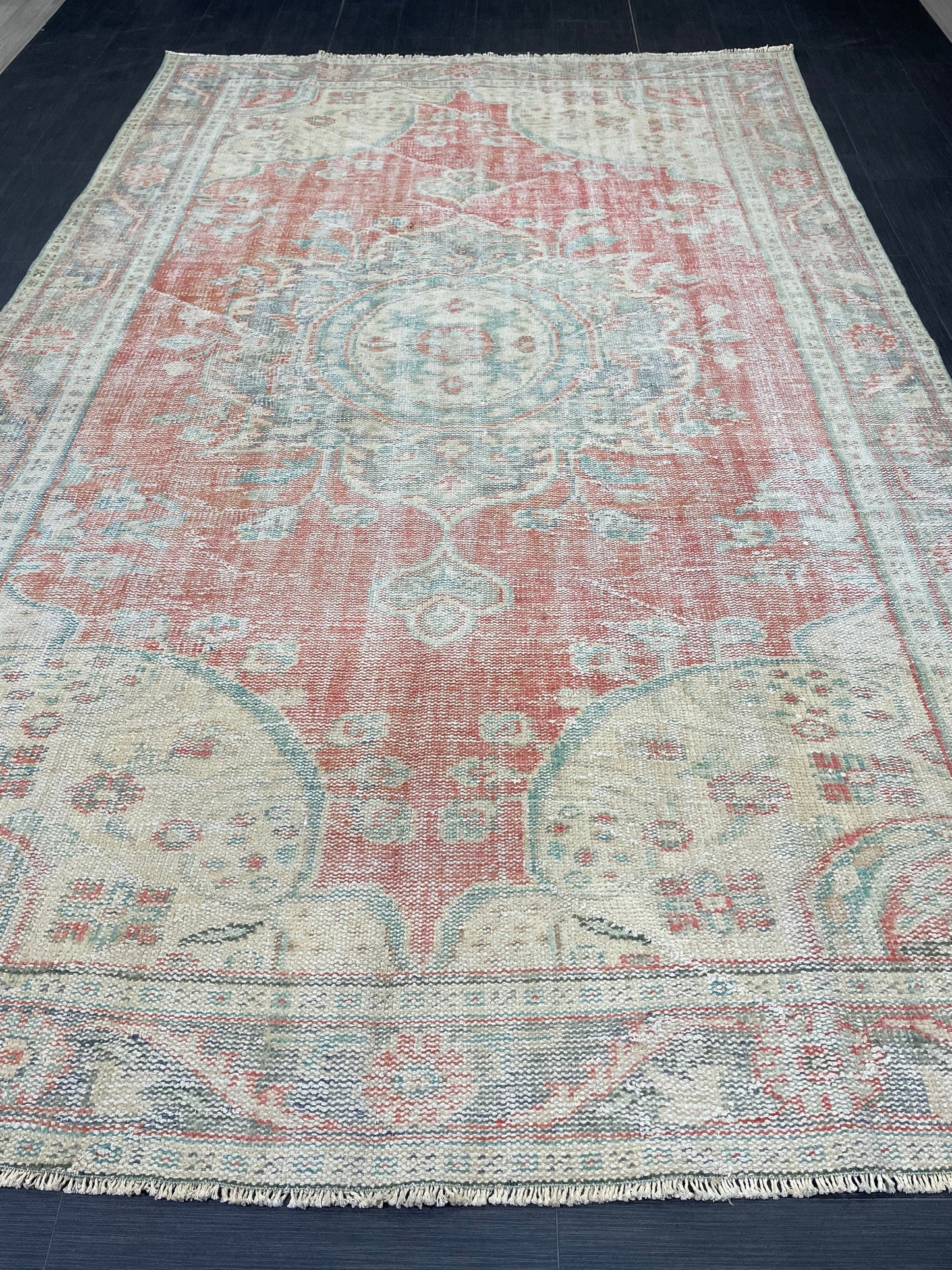 Distressed Vintage HAND MADE Rug 6.2 x 10 Handmade Rug Oushak Rug Persian Rug Oriental Rug Vintage Turkish Rug Pink Wool Rug
