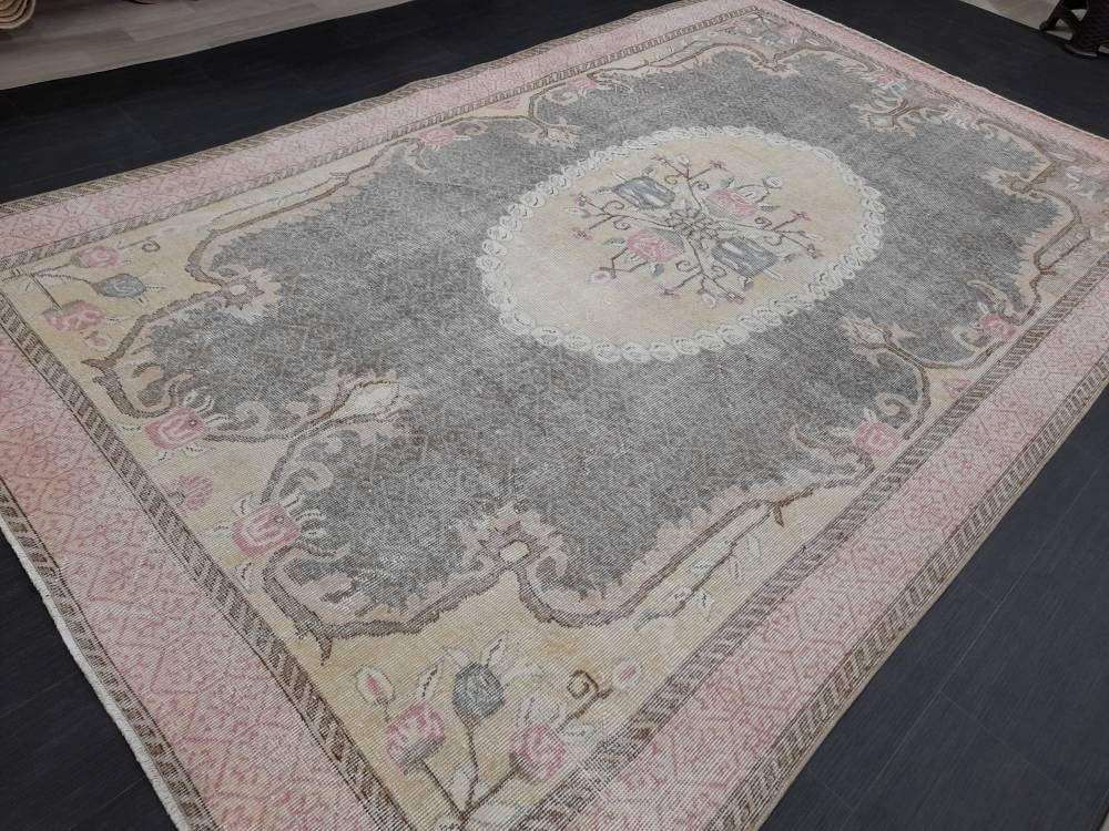 Floral Vintage OUSHAK RUG Antique TURKISH Rug Vintage Distressed Oriental Rug 6.6 x 10.4 Wool Rug Hand Made Vintage Rug 7x10 Turkish Rug