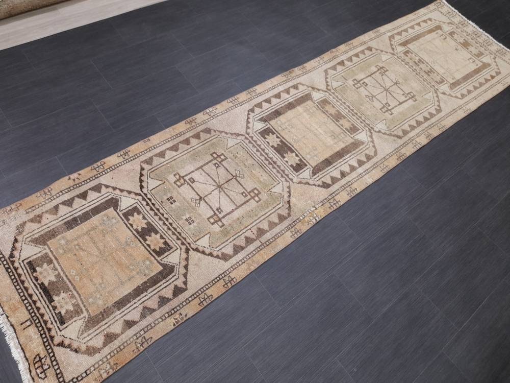 MUTED Oriental Runner Hand Knotted Runner Antique TURKISH Runner 2.7 x 10.7 Vintage Runner Rug Muted Vintage Runner Rug Kitchen Runner