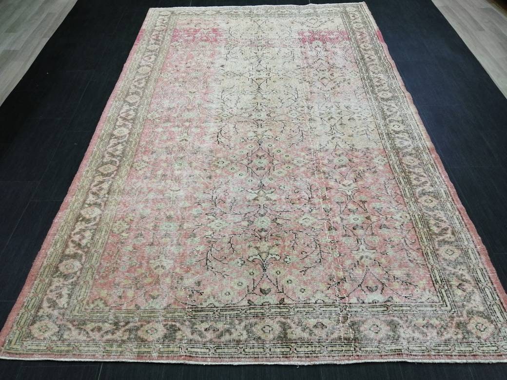 Pink Vintage RUG 9 x 5.7 TURKISH Rug Vintage Oushak Rug Vintage Rug Wool Oushak Rug Hand Made Rugs Vintage Turkish Rug 6x9 rug