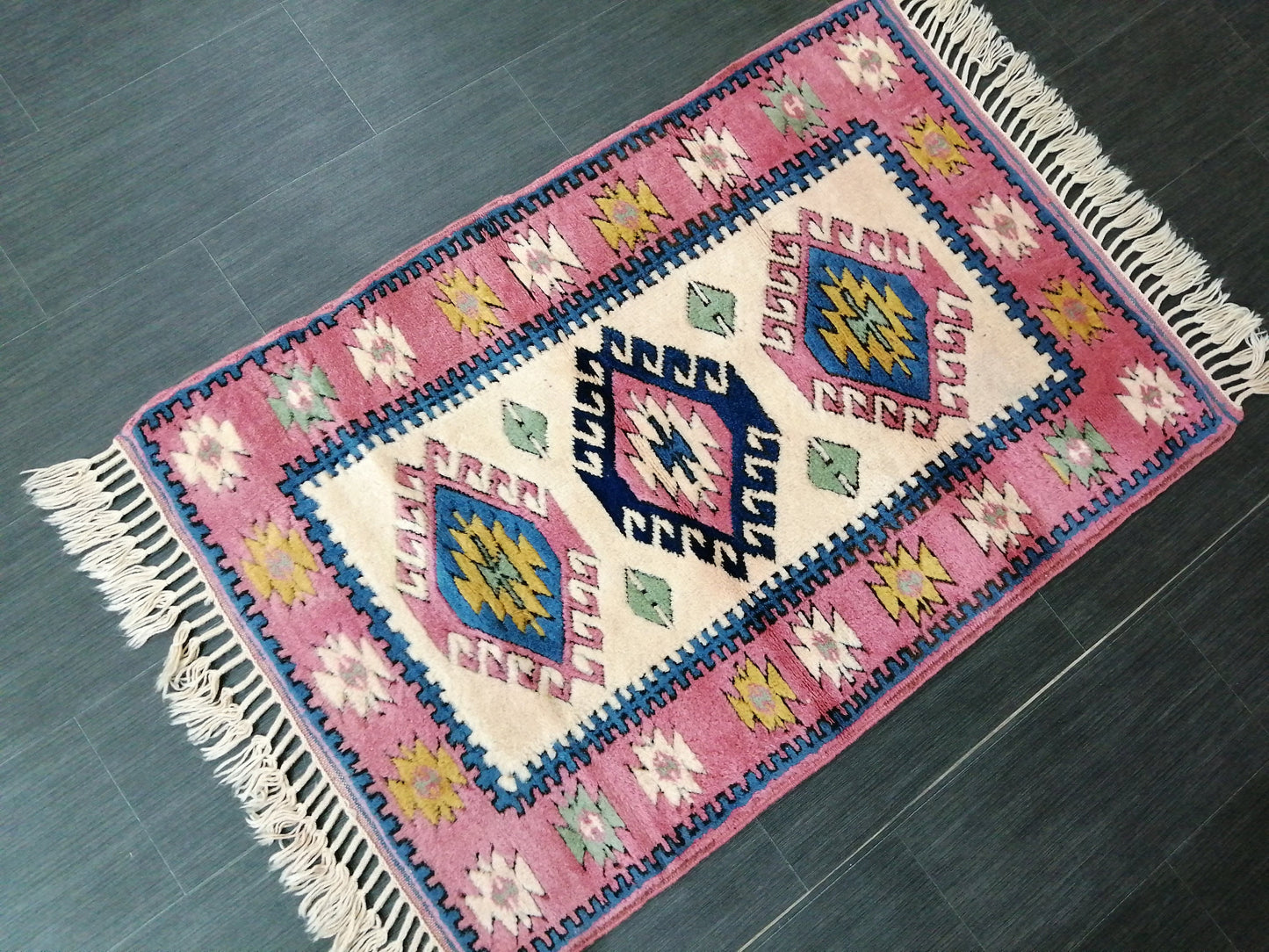 4.3X2.9 PINK AND NAVY Rug Hand Made Rug, High Pile Oushak Rug, 3x4 Boho Rug, Rug Runner, Plush Turkish Rug, Farmhouse Rug, Vintage Wool rug