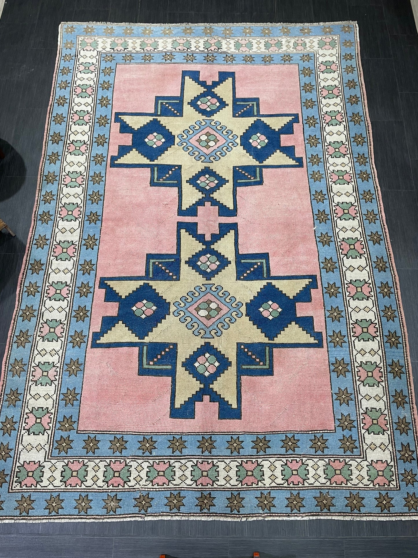 Wool OUSHAK RUG TURKISH 6.6 x 10 Rug Vintage Oriental Rug Vintage Handmade Rug Wool Vintage Pink and Blue Rug Hand Knotted Rug
