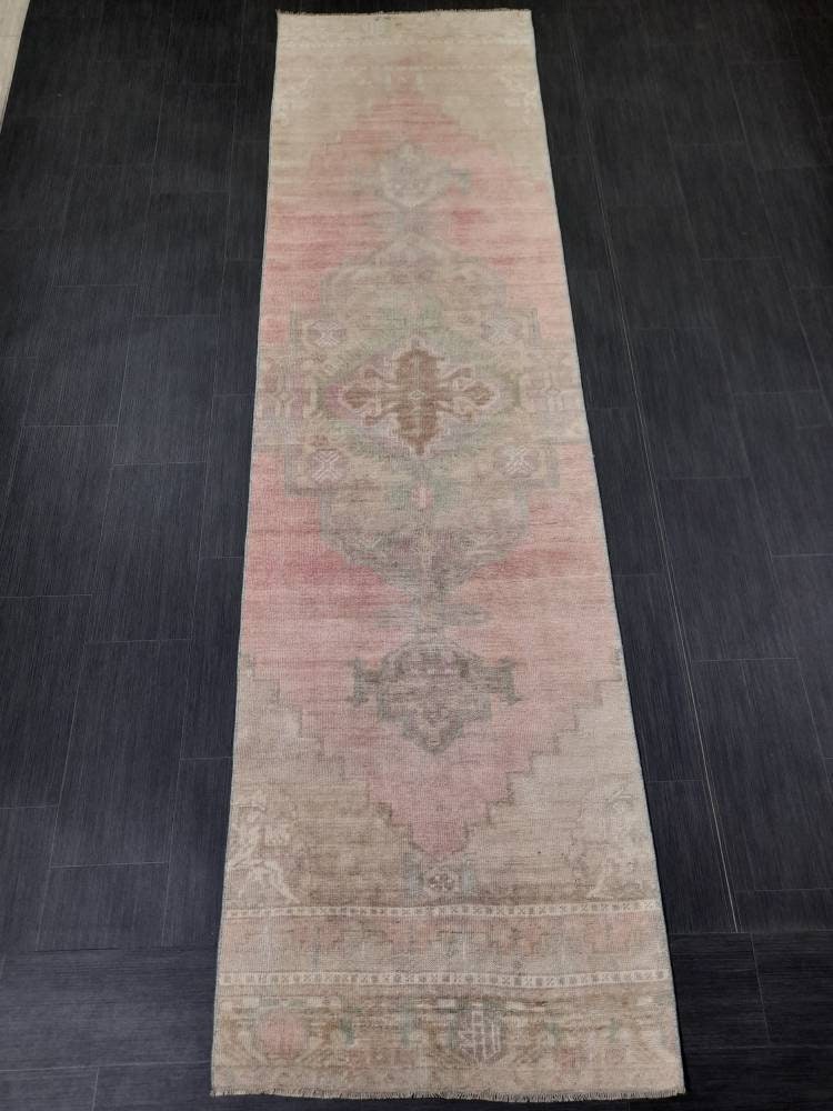 Muted Vintage Oriental Runner Rug 3 x 10.8 Turkish Runner Rug muted Vintage Runner Rug Hallway Runner Rug Kitchen Runner Rug Wool Runner Rug